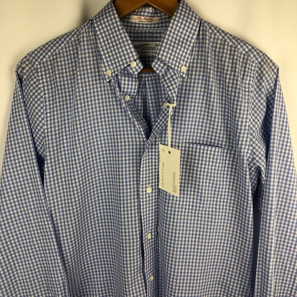 Gant The Hugger Blue & White Gingham Plaid Button Down Size Small